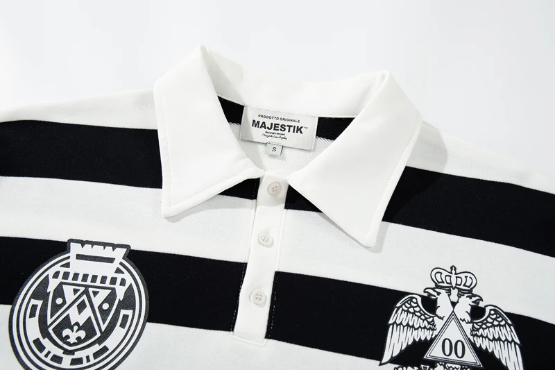 New Colorful Nail Bead Letter Black White Striped Polo Shirt MAJESTIK Long Sleeve Tshirt Men Women Lapel Pullover Streetwear