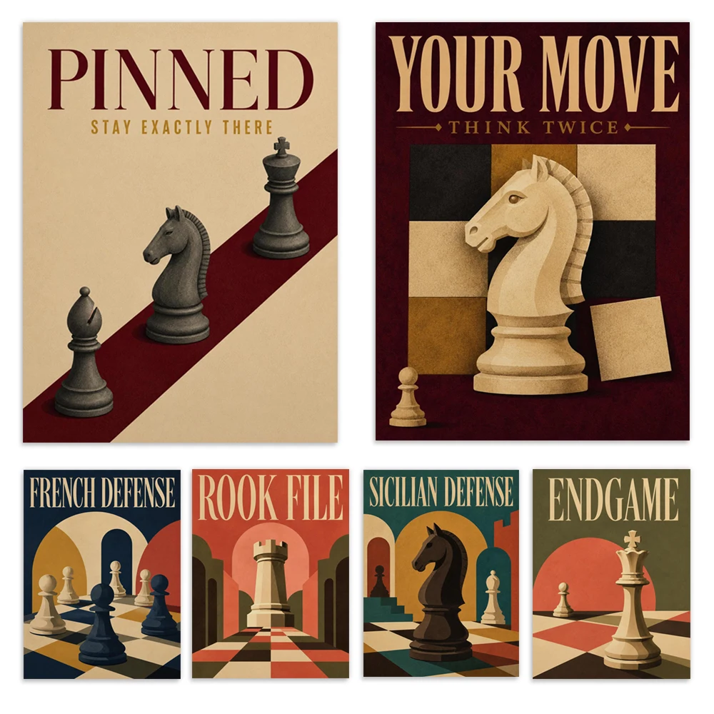 Chess-themed, retro chess learning prints, educational reference guides, modern game room decoration posters, abstract art.
