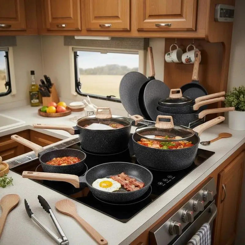 Granite Culinary Collection 17-Piece for Kitchen RV Dorm, Induction Compatible Detachable Handles Tempered Glass Lids Pan Protectors Black Finish