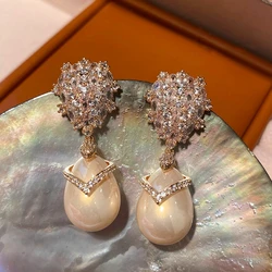Classic Elegant Imitation Pearl Dangle Earrings For Women Luxury Bling Zirconia Crystal Long Drop Earrings Wedding Jewelry Gifts