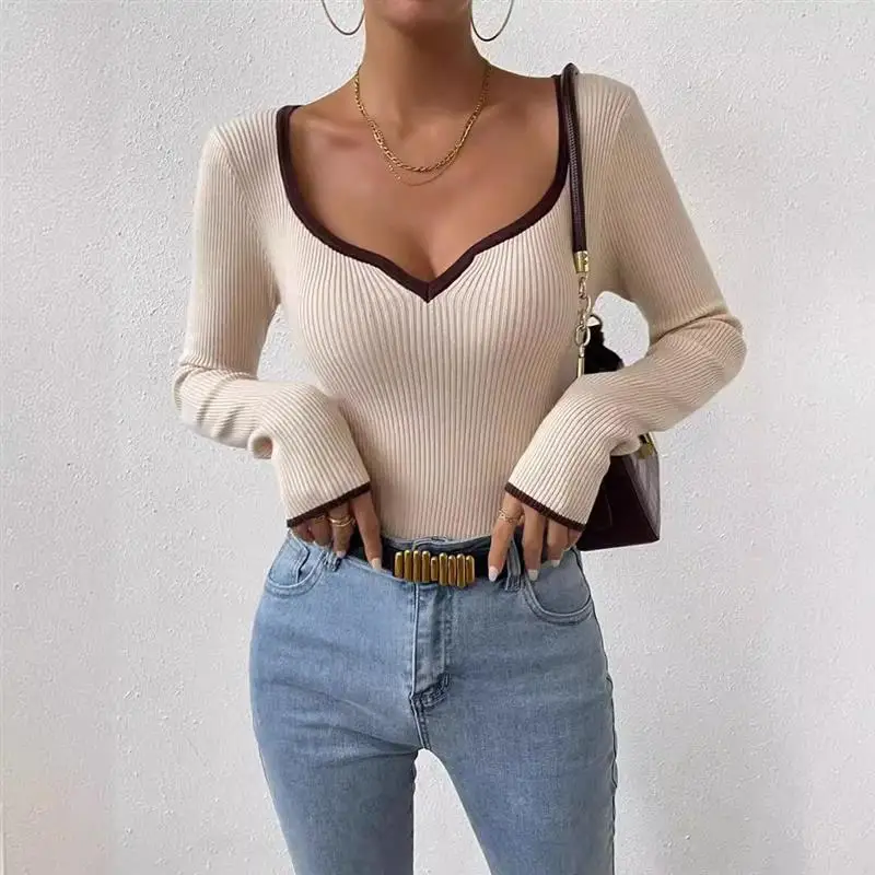 

Faionable V-ne T-irt with Piped s Slim Fit Commute Sle Women's Knitted irt Summer 2024 Striped Pattern