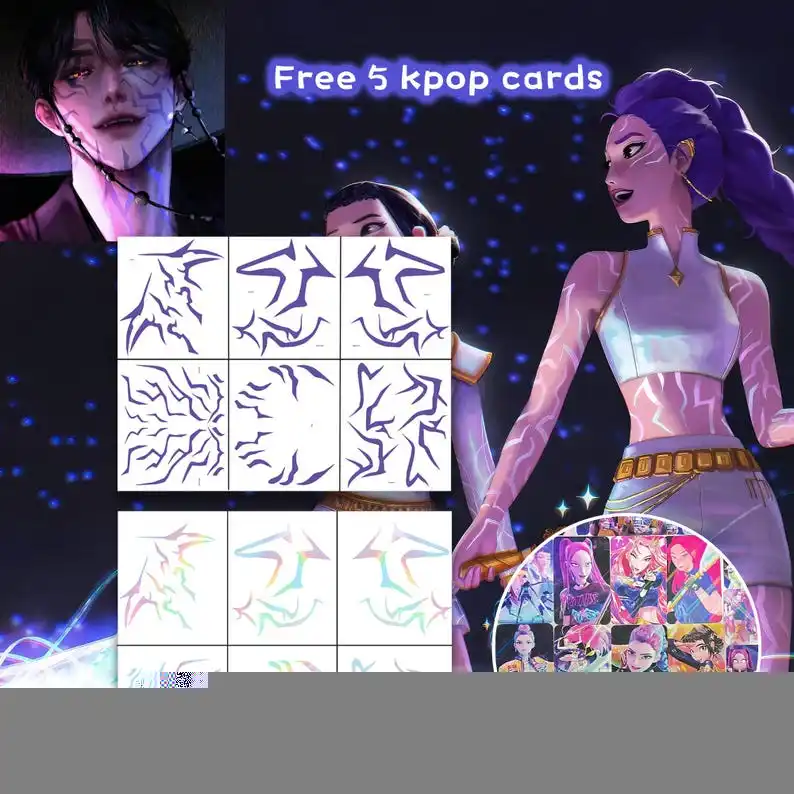 ملصقات الوشم المؤقت Kpop Demon Hunters - فن الجسم التأثيري Rumi & Jinu، شارات كتف يدوية متوهجة للوجه والذراع لـ Kpop