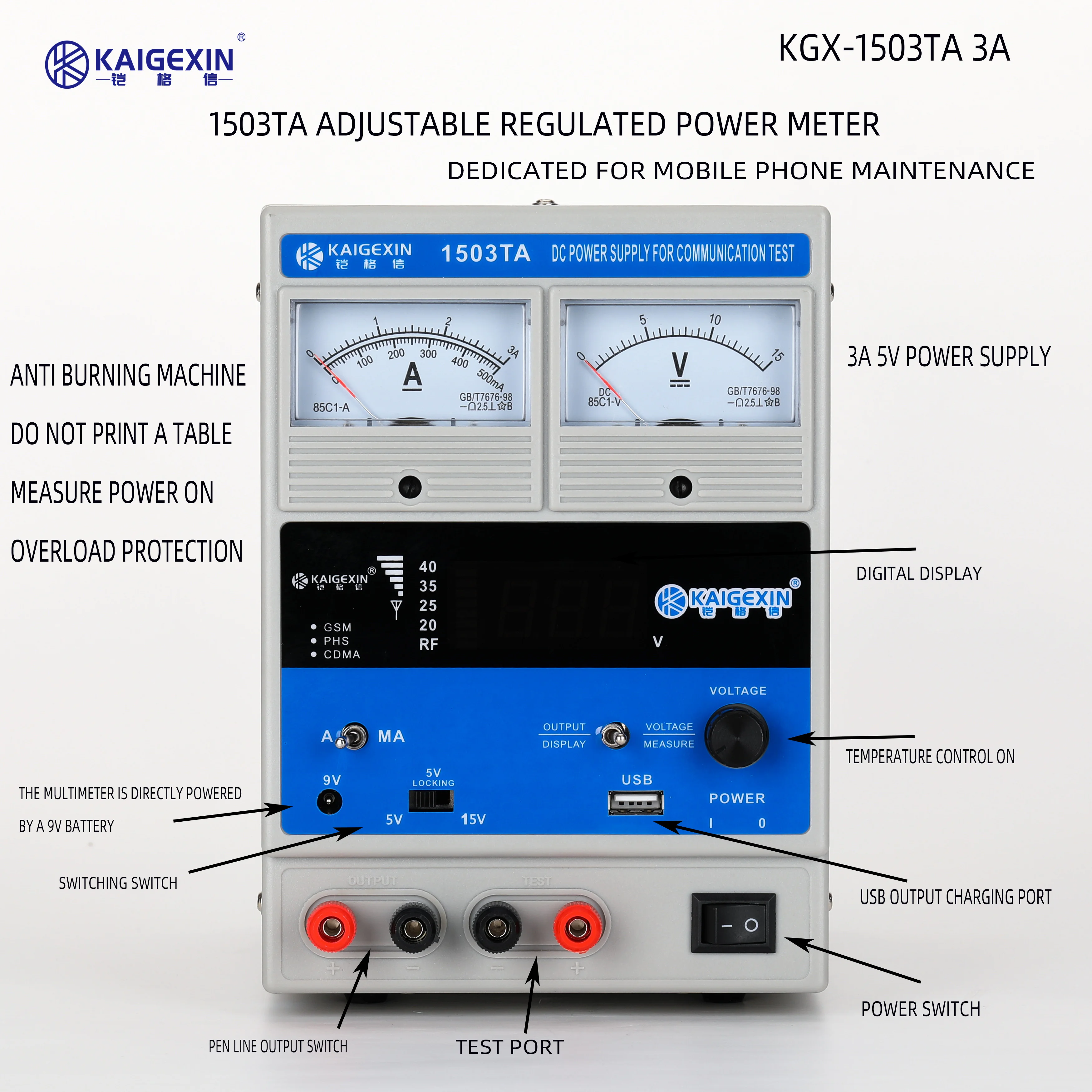 Kaigexin Mobile Phone Repair Power Supply, Adjustable DC Power Supply, Digital Display, KGX-1503TA, 15V, 3A