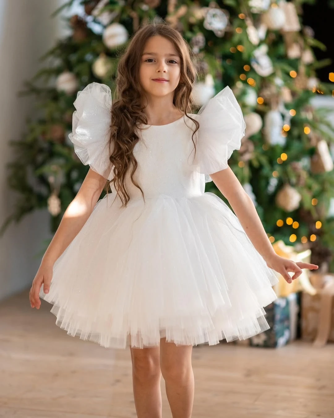 Customized White Flower Girl Dress For Wedding V-back Puffy Tulle With Bow Elegant Kids Birthday First Communion Ball Gown