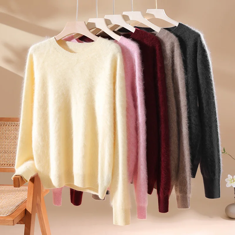 2025 شتاء جديد جولة الرقبة الصوف الخالص البلوز السيدات فضفاضة كسول الرياح نحى الصوفى متماسكة قاع قميص