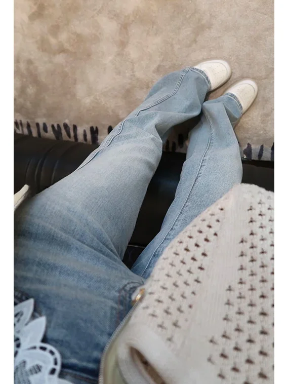 

Женские джинсы с высокой талией и прямыми штанинами, эластичные, для повседневной носки, утягивающие, длинные брюки, простой стиль, из смесового хлопка, на молнии