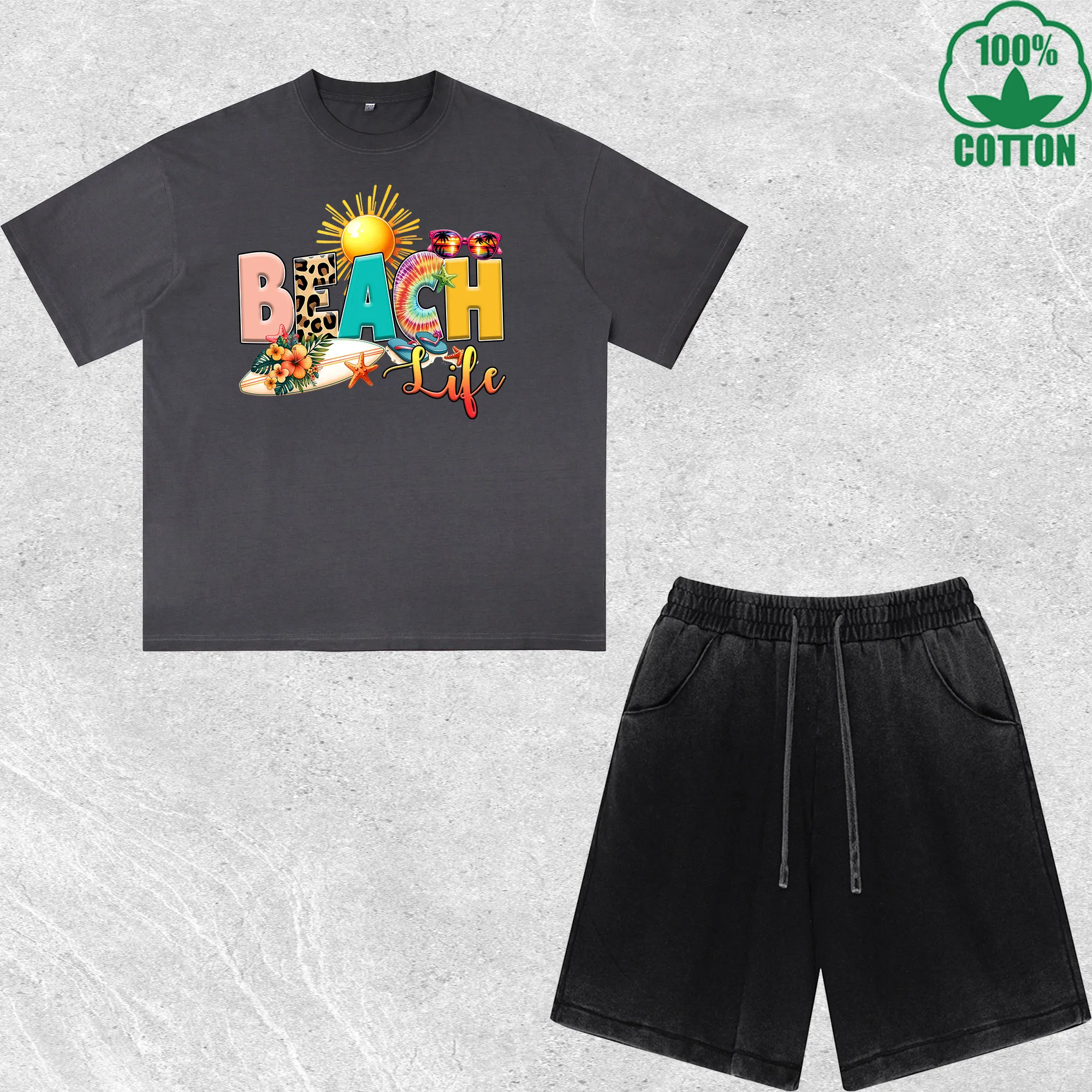 

Beach Like Printed Dirty Wash T-Shirt Shorts Set Multicolor Combo Loose Trendy Fashionable 100%Cotton