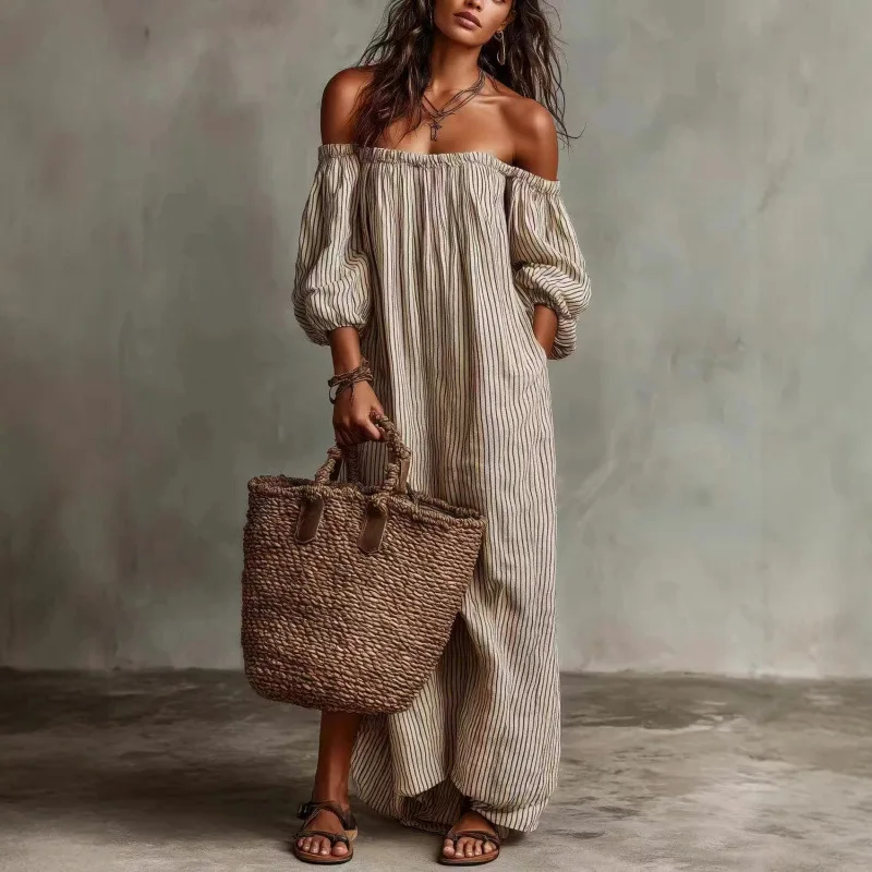 

Женское бохо-платье макси с открытыми плечами, в полоску, с длинными пышными рукавами, свободного кроя, из льняной смеси, пляжная накидка, для летнего отдыха