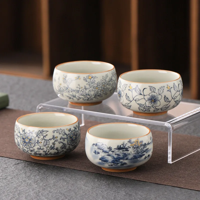 Taza de té principal de cerámica grande, estilo tradicional azul y Beige esmaltado Lohan para uso doméstico, juego de té Gongfu, vajilla de lujo