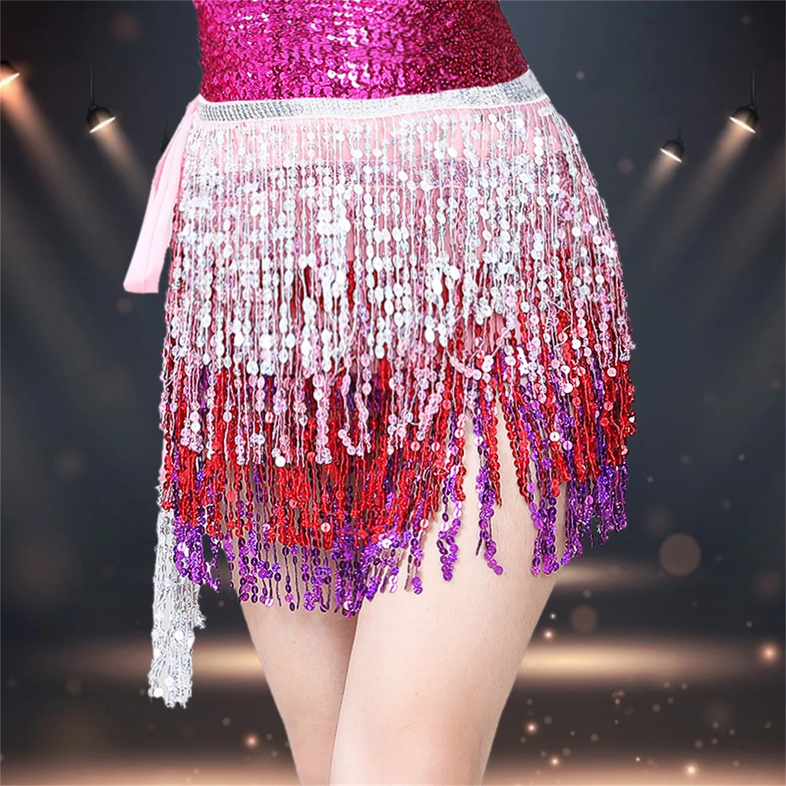 Sexy Women Belly Dance Glitter Swing Sequin Tassel Fringe Hip Belt Waist Skirt Bamba Ibiza Festival Raves Chiffon Wrap Skirt