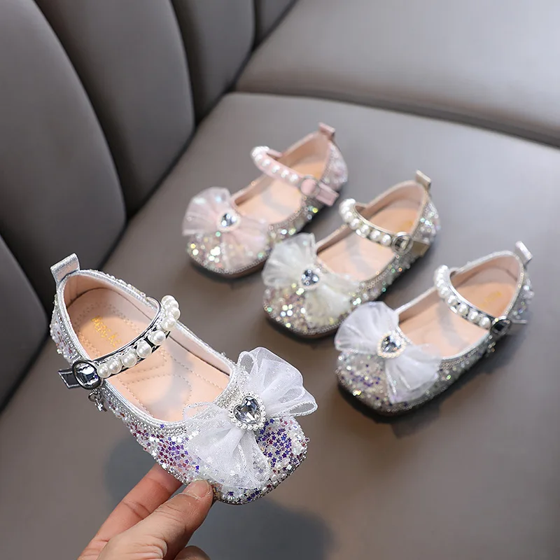 New Children Sequins Sandals Rhinestone Bow Wedding Princess Girls Sandal Party Dance Baby Student Flats Kids Performance Shoes