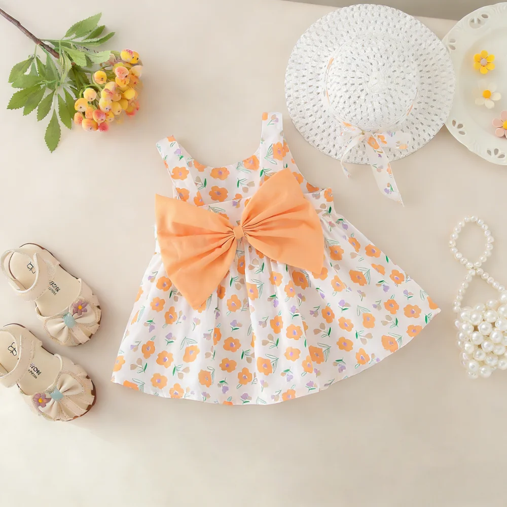 

Girls' Dress Summer Full Print Flower Bow Strap Baby Girl Dress Cute Beach Baby Dress With Hat Baby Girl Clothes