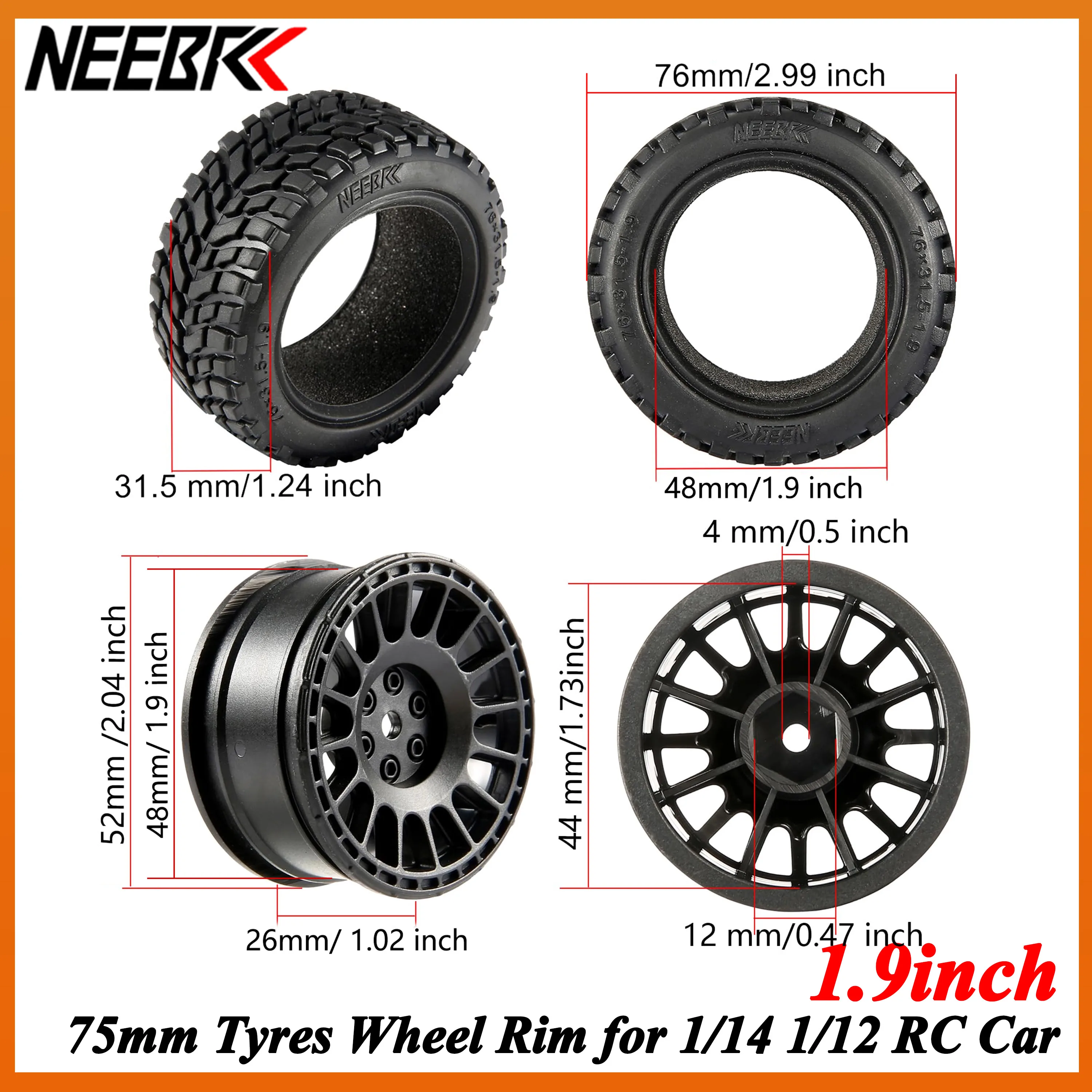 

4PCS NEEBRC 1.9inch 75mm Tires 12mm Hex Hubs Wheels for 1/14 1/16 1/10 RC Racing Car Wltoys 144010 144001 Scx10 Traxxas Trx-4