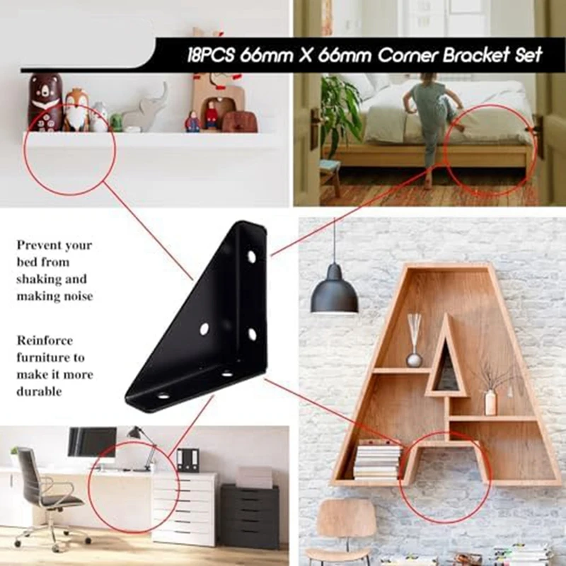 Metal Angle Bracket, Triangular Shelf Bracket, Corner Table Connector For Bed, Table, 66Mm X 66Mm,18 Pcs
