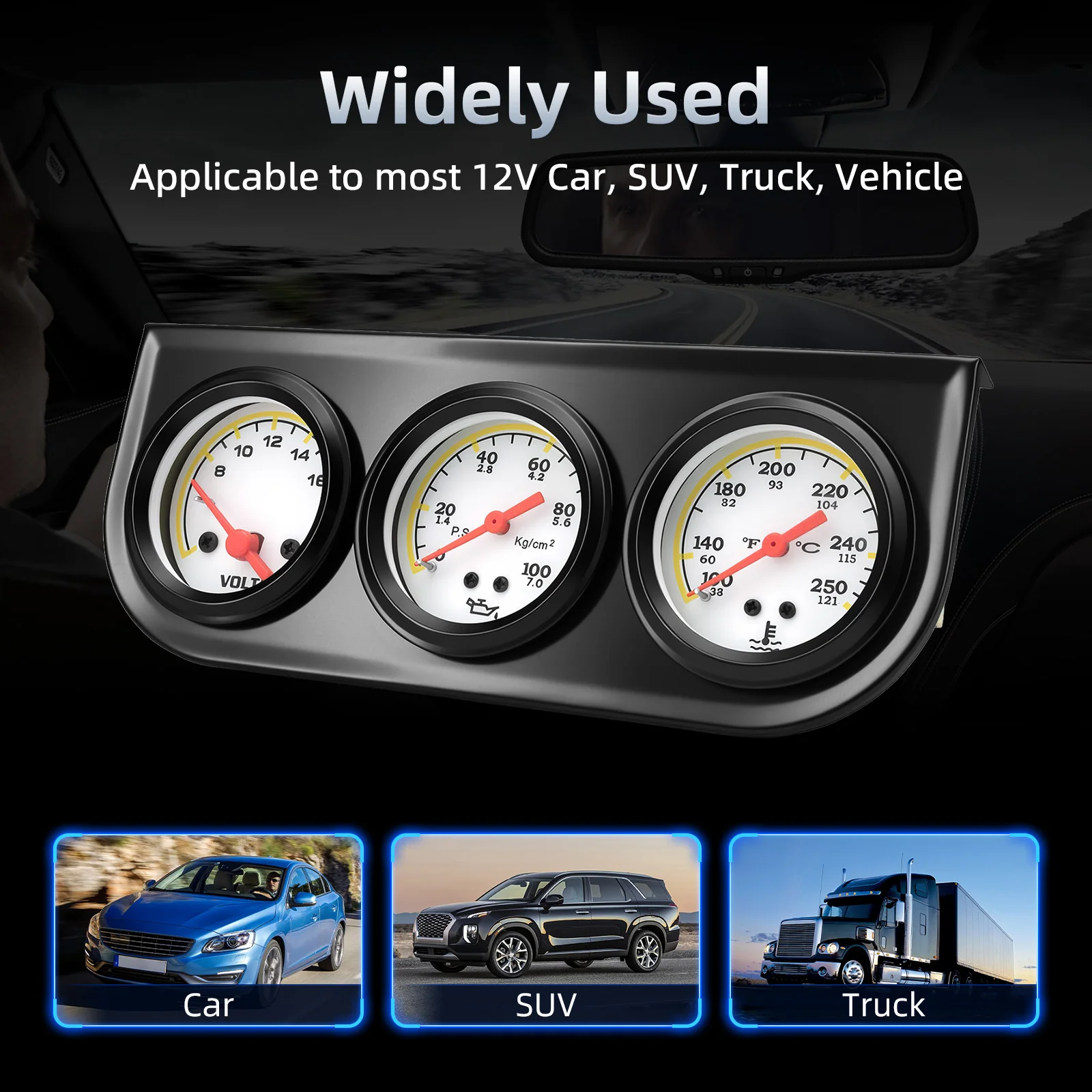 Oil Temp Oil Pressure Volt 3-In-1 Kit Meter 52mm Car Multi-function Black/Chrome Bezel Triple Gauge Set Instrument With Sensor view 4