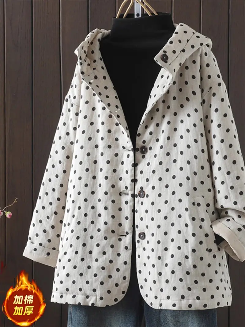 Polka Dot Print Hooded Jacket Versatile And Stylish For Women Long Sleeve Loose Thick Quilted Jacket Cardigan Warm Coat A232