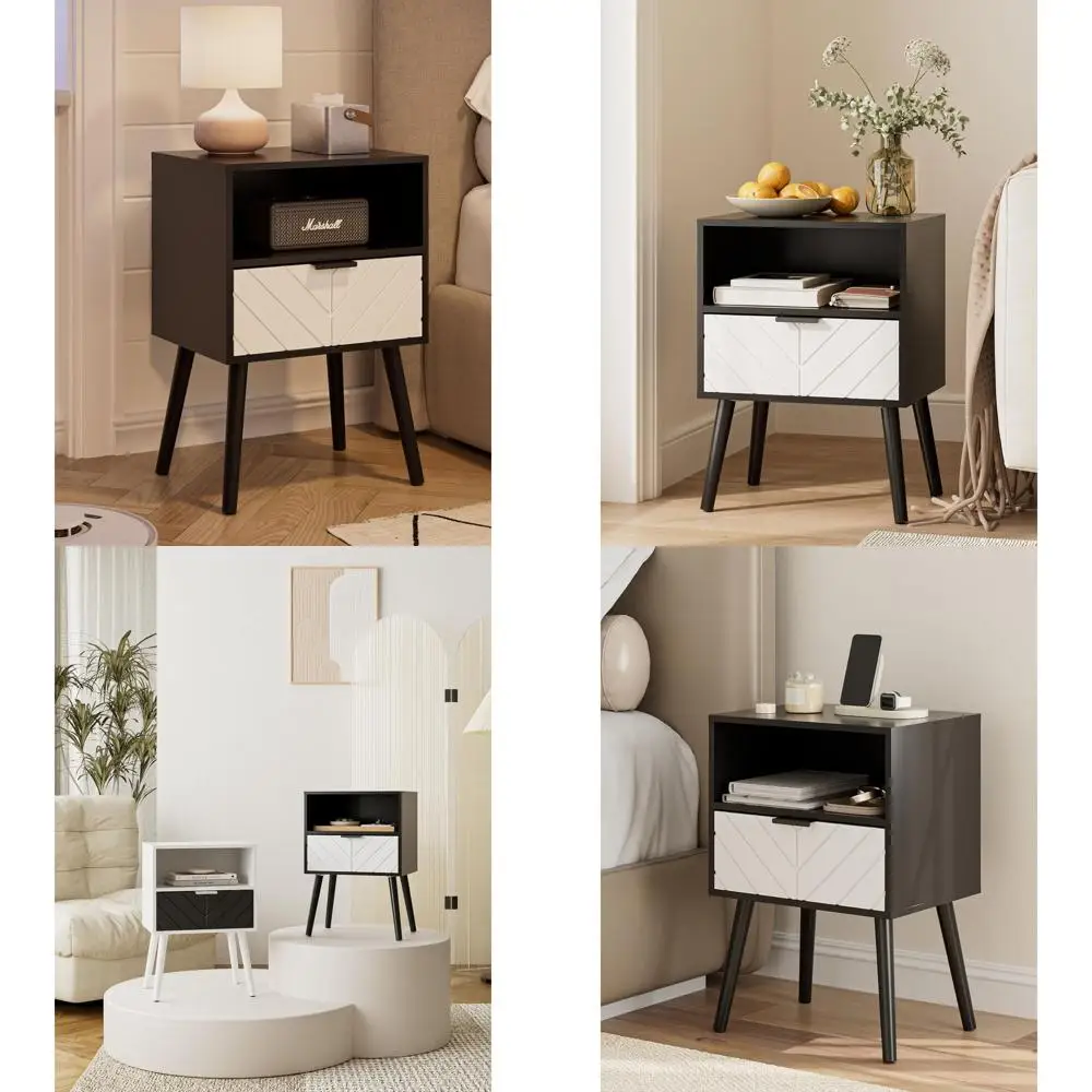 

Elegant Gold-Framed Nightstand with Drawer and Shelf, Sleek Black Modern Bedside Table for Bedrooms and Living Spaces