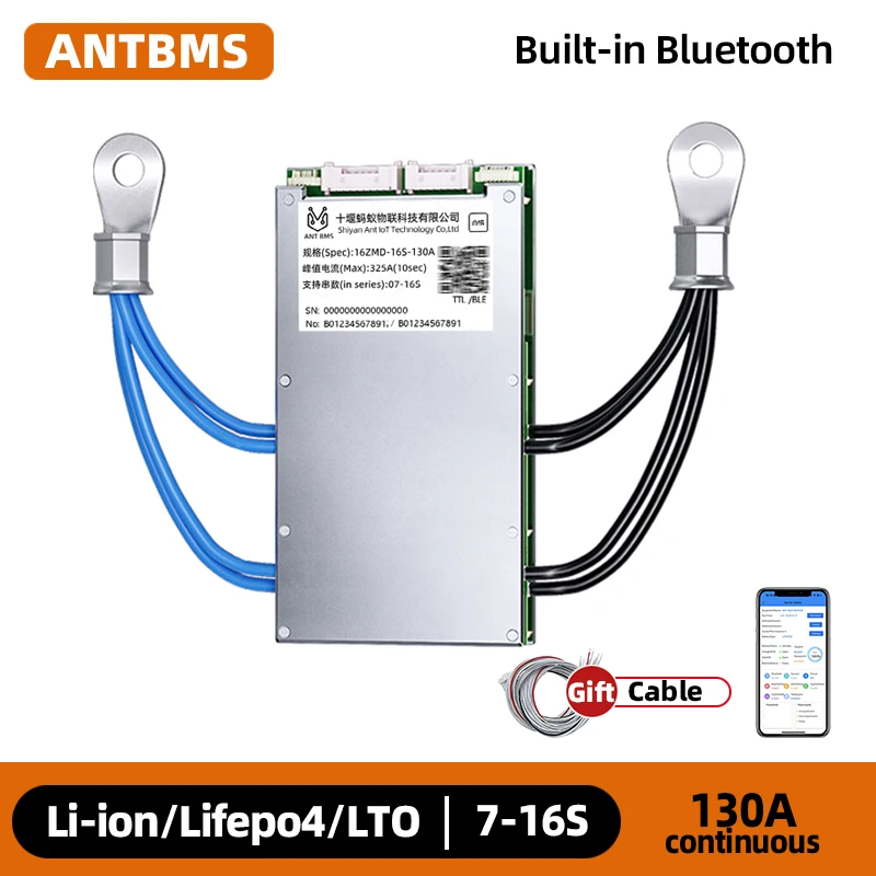 ANT SMART BMS 7-16S Continuous130A Peak 325A Li-ion Lifepo4 LTO Battery 24V 48V Built-in Bluetooth same port Smart Balance Board