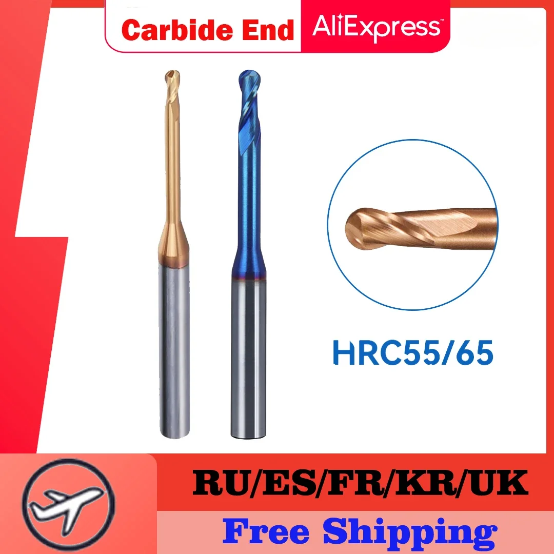 HRC55 HRC65 Carbide Long Neck Ball Nose End Mills CNC Deep Groove Cutter Milling Cutter Router Bit Knife R0.15  R1 Endmills