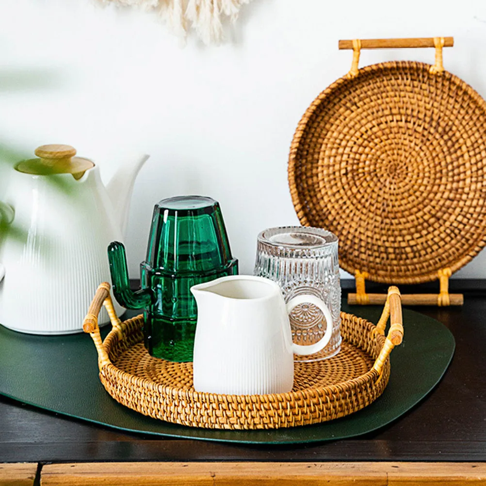 

Rattan Storage Basket Large Capacity Durable Safe Food Woven Snack Dessert Tray Picnic Portable Brown Home Party Wedding Decor