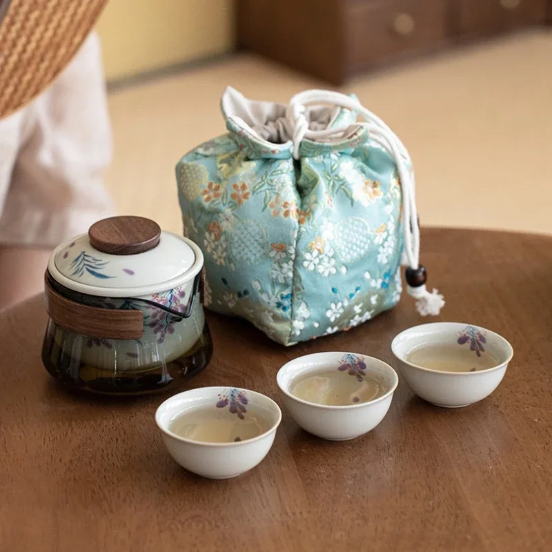

Ручная роспись керамическая быстрая чашка один горшок три чашки стеклянный дорожный чайный сервиз уличный чайник для заваривания портативная сумка для хранения