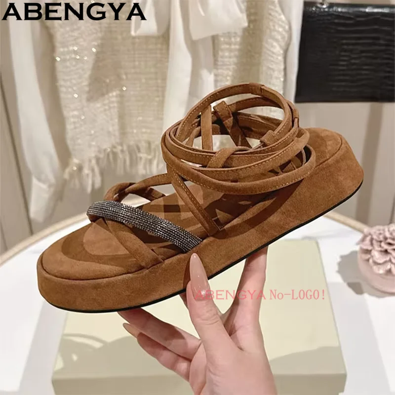 

Summer Suede Leather Beach Sandals Women's String Bead Platform Flat Shoes Holiday Beach Shoes Women Ankle Strap Sandalias Mujer