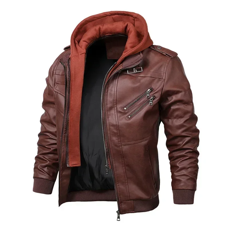 Nova moda masculina street wear jaquetas de couro da motocicleta chapéu destacável jaquetas de couro com capuz fino casacos de couro casuais 5xl