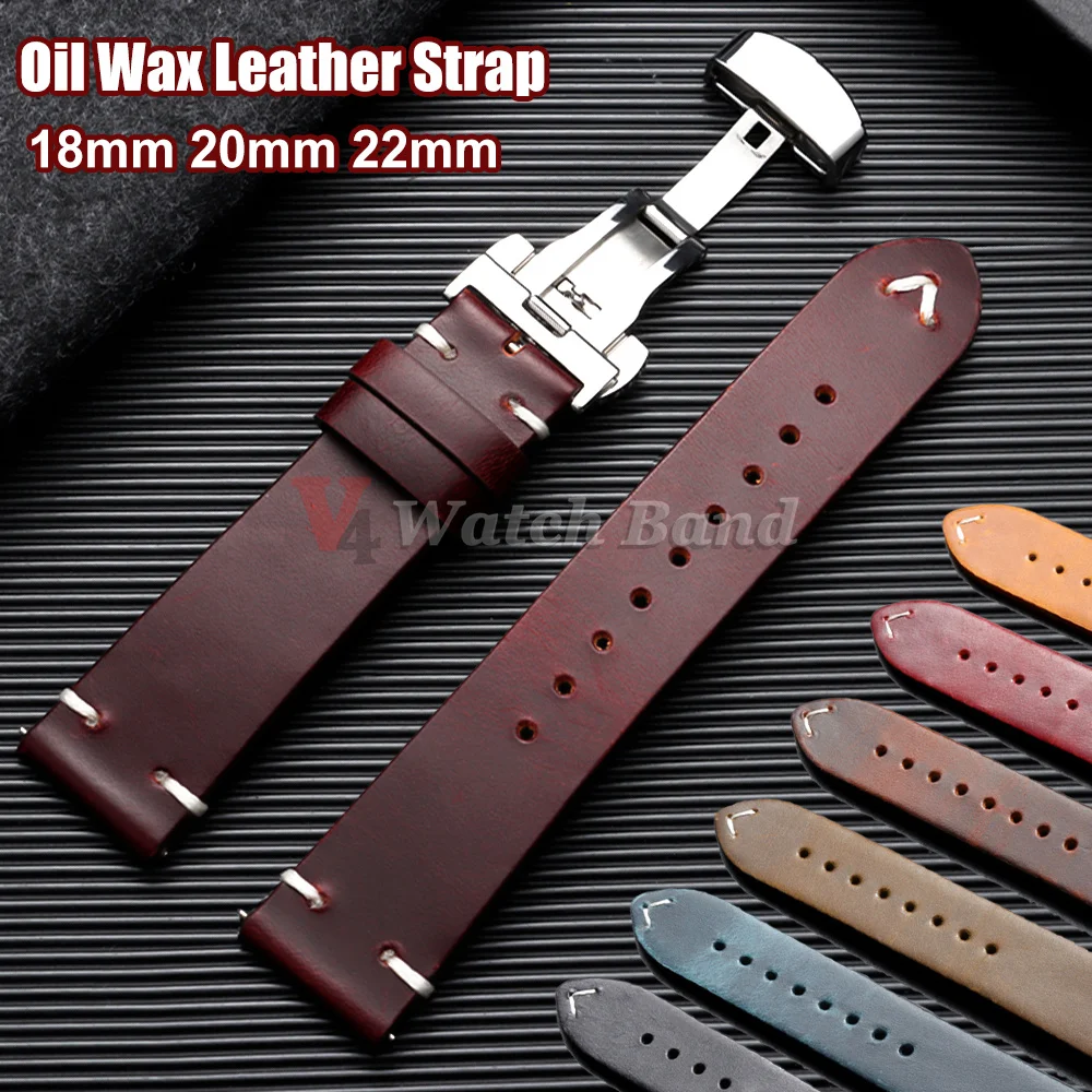 Bracelet en cuir de vachette cousu 18mm 20mm 22mm pour Omega, bracelet de montre en cuir huilé vintage pour Seiko avec boucle papillon