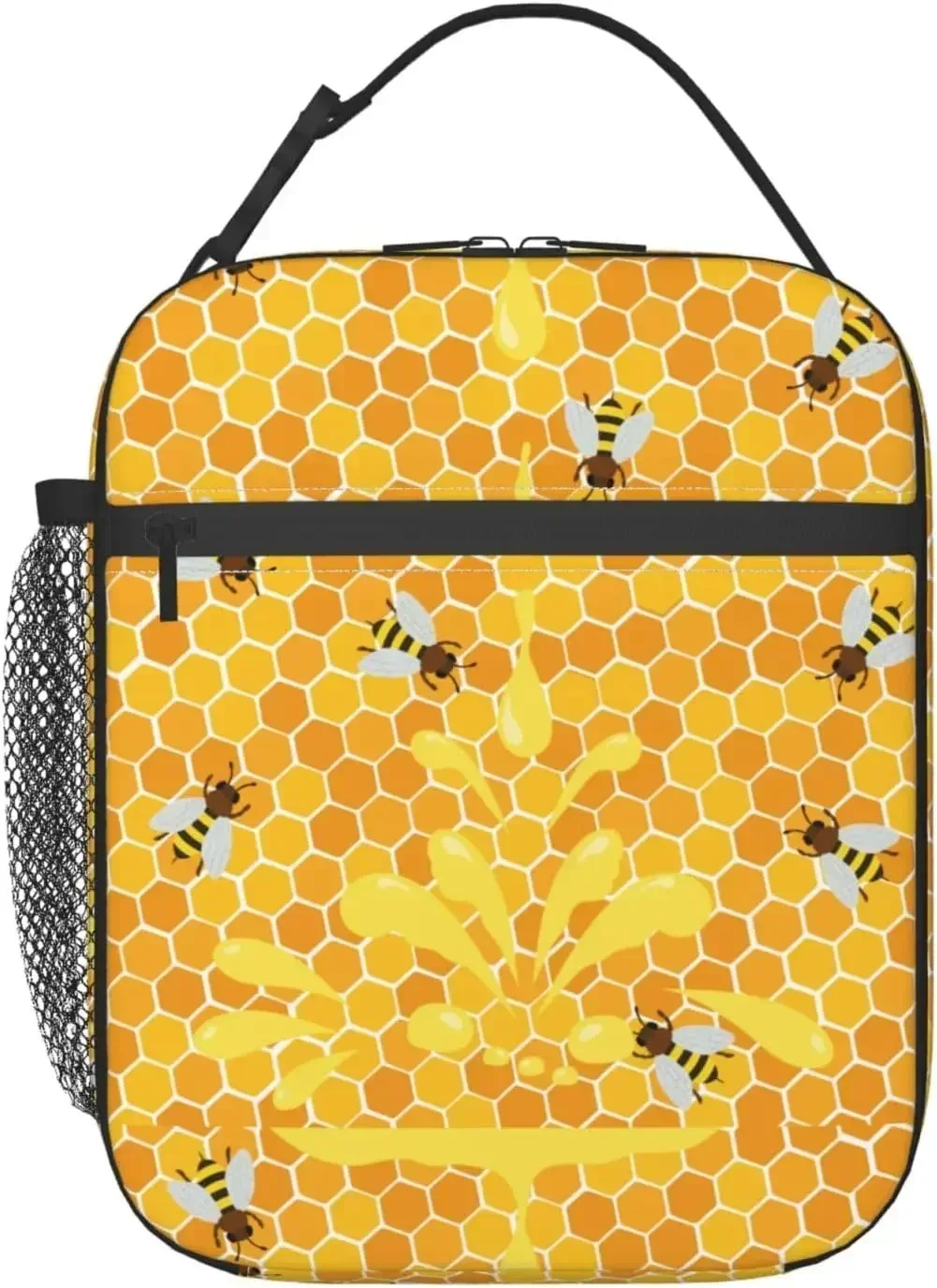 Honey Bee Lunch Box with Side Pocket Portable Lunch Bag for Women Men Insulated Reusable Tote Bag for Office Work Picnic