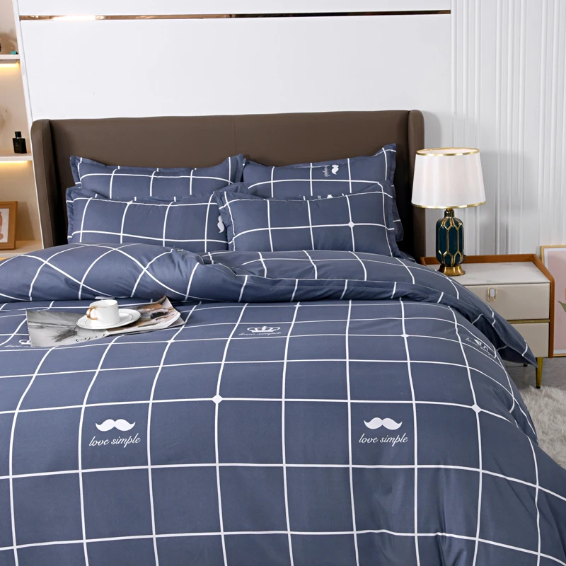 4pcs Navy Blue Grid Bedding Set, Soft Breathable Bed Linen with Duvet Cover, Pillowcases & Sheet, Full/Queen/King Size