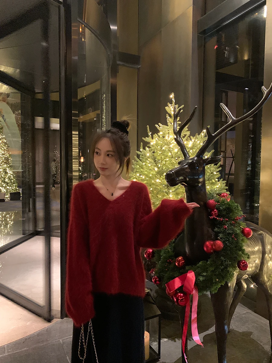 

YZ Soft Plu Rabbit Velvet V-Ne Sweater White Skin Instantly Cold Winter Thiened Long Sve Commute Sle Women's K...