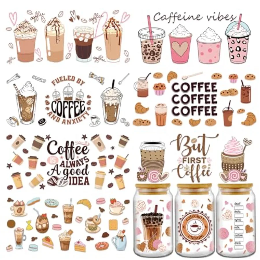 

UV DTF Cup Wrap - 8 Sheets Coffee UV DTF Cup Wraps for 16 oz, Cake Drink Milk Tea Uvdtf Decals, Waterproof Ice Cream Rub on Tra
