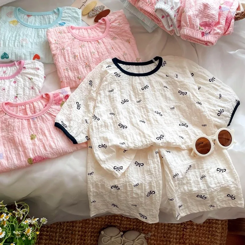 1-10Y Children's Pure Cotton Shirt Pant Set Girls Comfortable Sweet Bow Versatile Medium Long Sleeve Home Clothes Sleepwear Set