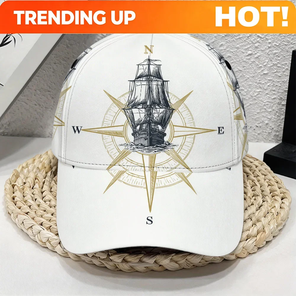 Customization 1pc, 2D Flat Nautical Ship Compass Design Baseball Cap – Adjustable Duckbill Hat, Perfect For Casual Wear, Family