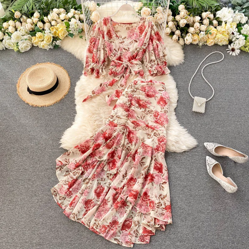 2026 Summer Chiffon Printed Two-piece Suit Women's Elegant Sets Lace-up Ruffled Short Blouse Sexy Fishtail Skirts 2-piece Sets