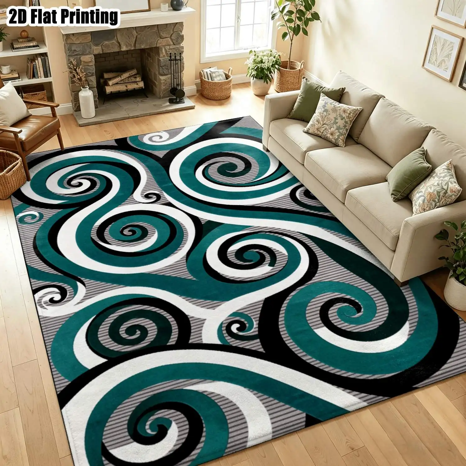 1Pc 2D Printed Carpet: Blue, White, Black Spiral Abstract Patterns Nordic/Instagram-Inspired, Modern Minimalist Geometric Vintage Home Decor, Multi-Size, Machine Washable, Suitable for Entryway, Dining Room, Foyer, Living Room, Bedroom.
