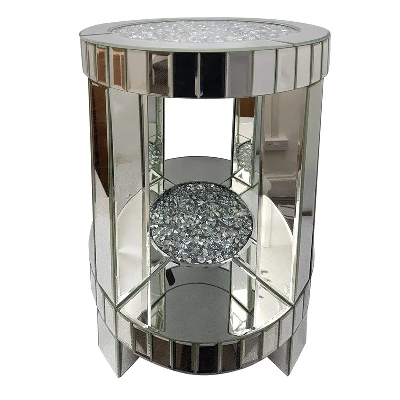 Glass Top Diamond Mirrored End Table Bed Coffee Side Table for Living Room