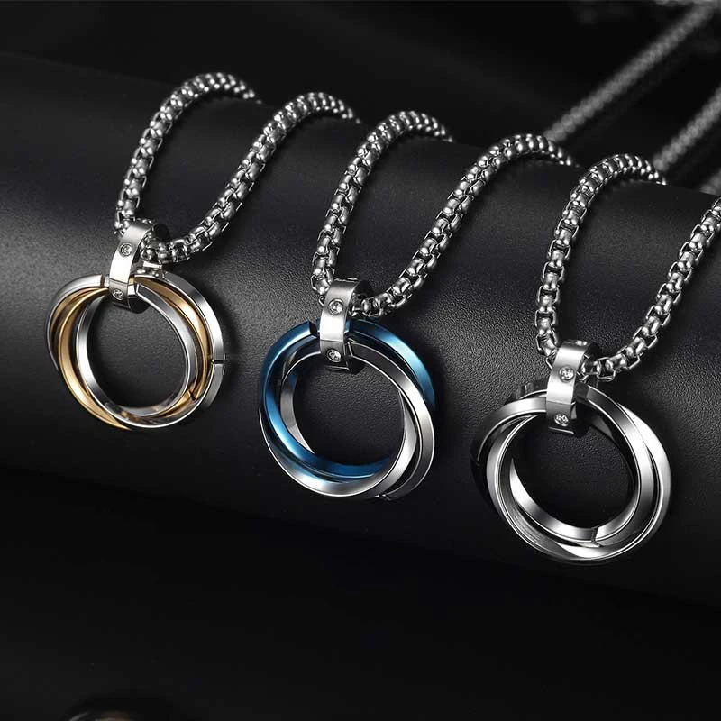 Mens Hip Hop Three Circles Pendent Necklace Keel Chain Retro Punk Fashion Couple Stainless Steel Necklace Jewelry Gifts 2023