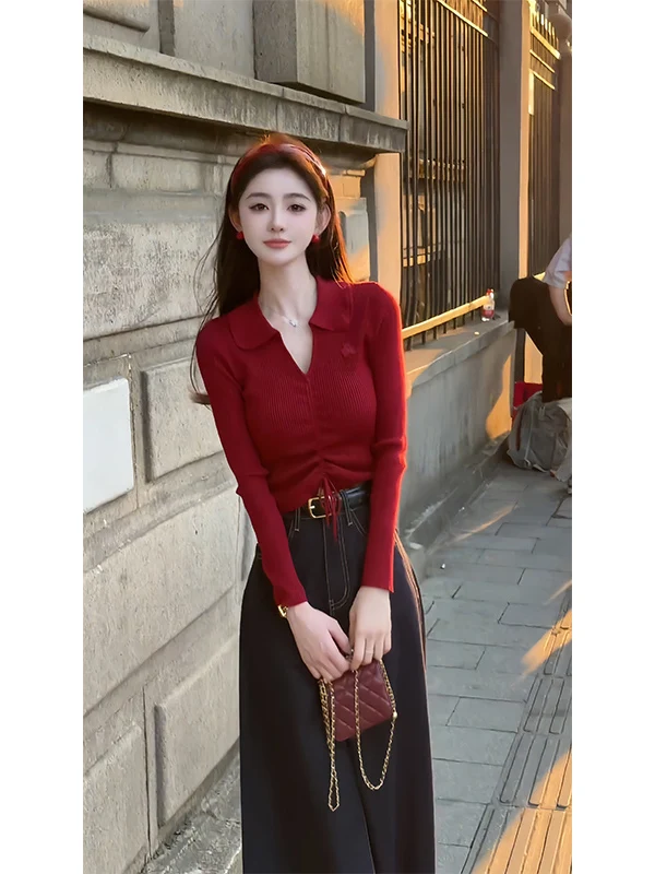 

Красный вязаный свитер ort Sve Long Sve Wedding Women's Faion Осень Зима New Sle Удобный крой Мягкий Средний Толстый...