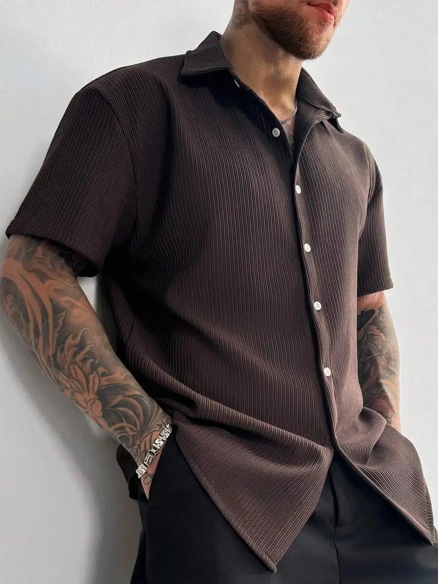 

Men's Ribbed Knit Short Sleeve Button-Down Shirt, Solid Brown, Casual Summer Wear