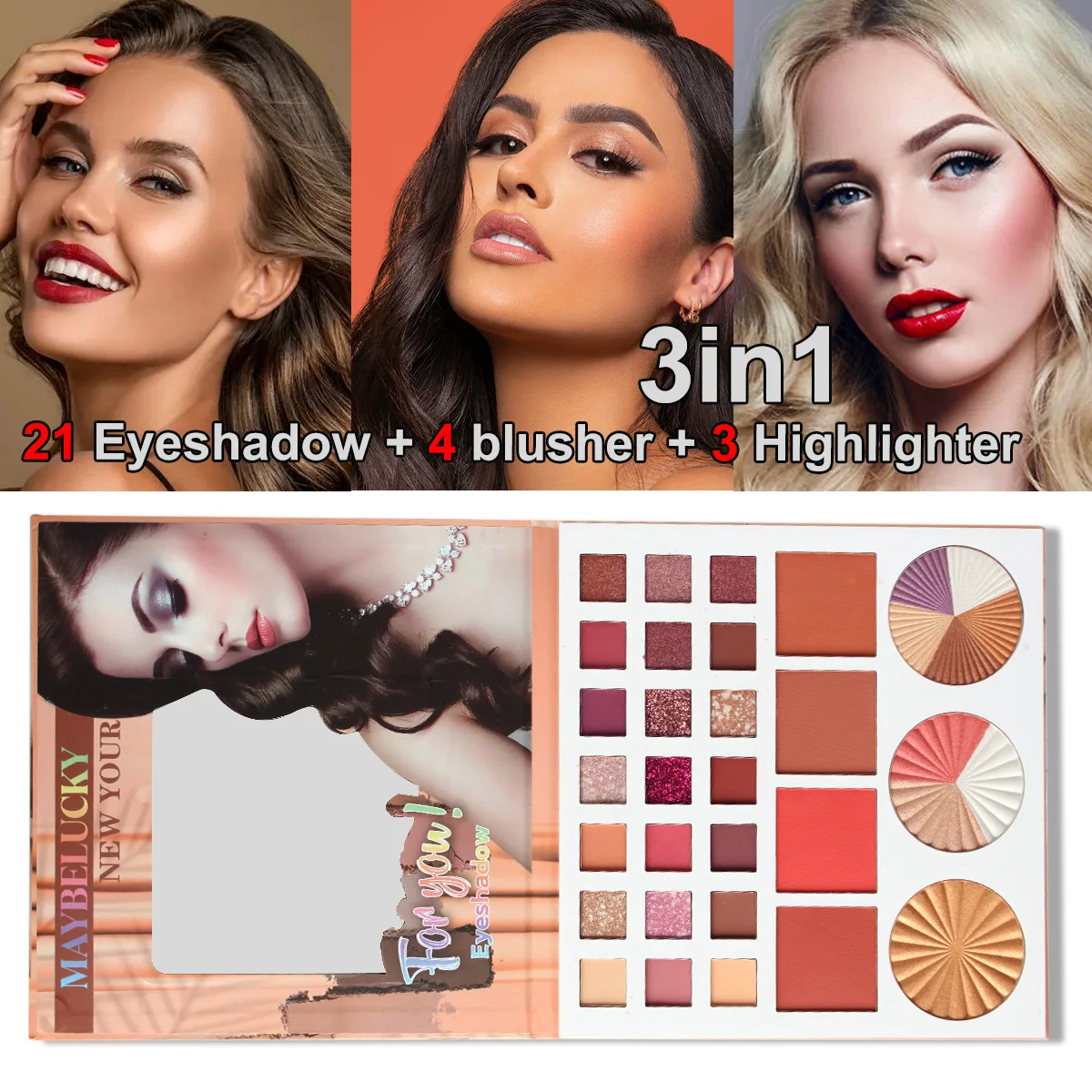 Tavolozza per trucco Set da viaggio 21 colori Ombretto 4 colori Blush 3 colori Evidenzia Matte Shimmer Ombretto da donna Cosmetici impermeabili