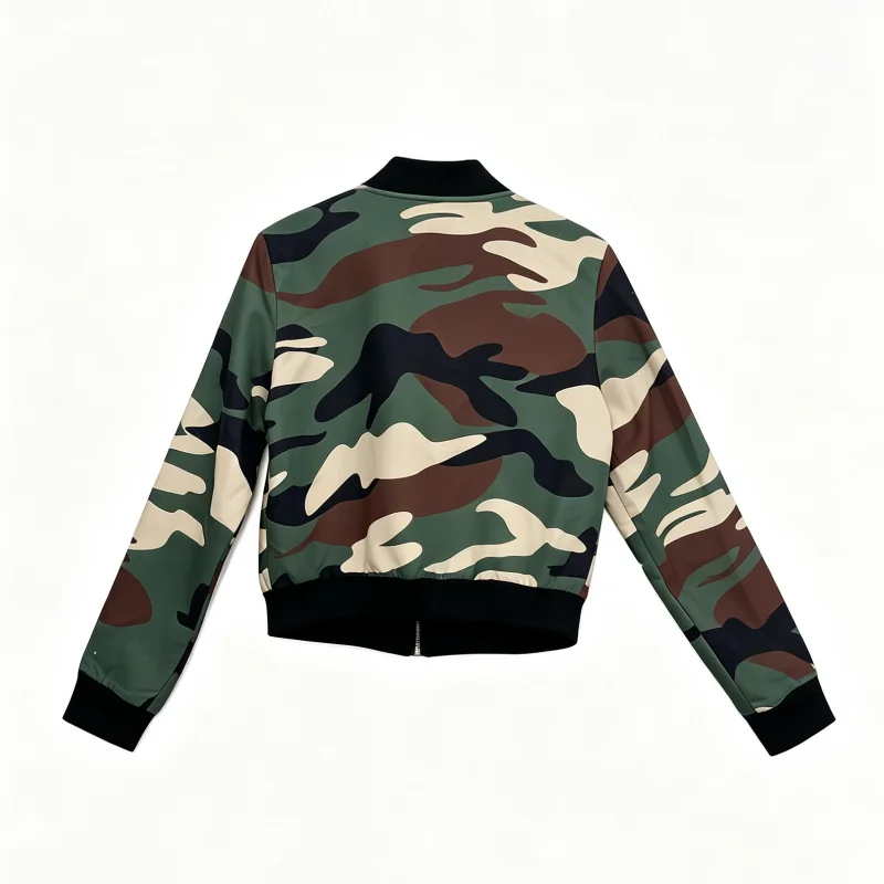 Damen Camo Bomberjacke, kurz geschnitten, Stehkragen, lange Ärmel, Camouflage-Print, Oberbekleidung für Streetwear, tägliche Pendelreisen, Freizeitoutfit – Detail 8