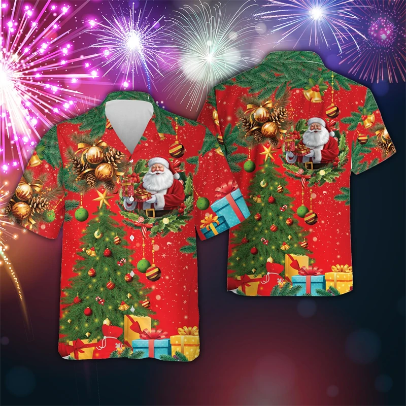 2025 Happy New Year Graphic Shirts For Men Clothes Harajuku Fashion Merry Christmas Lapel Blouse Funny Gifts Blouses Xmas Tops