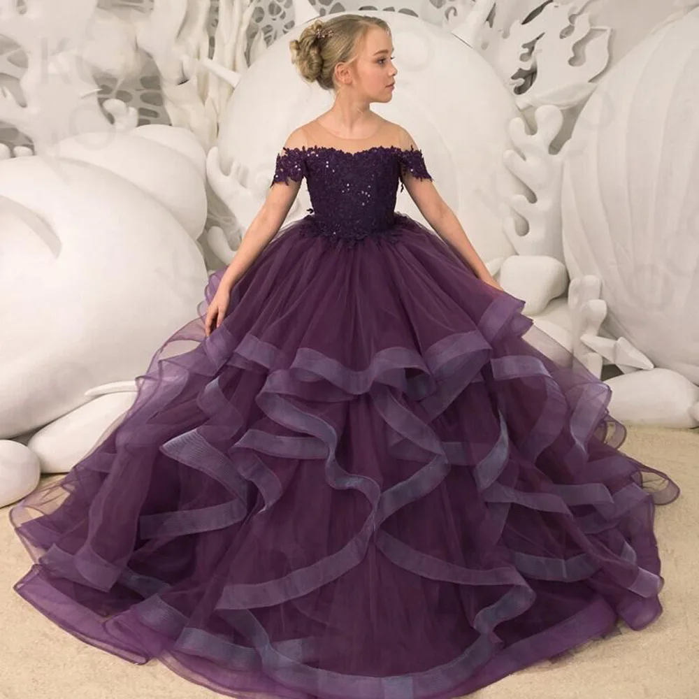 Customized Fashion Baby Flower Girl Dresses Ruffle Sequins Off Shoulder Children Wedding Party Prom Evening Gowns