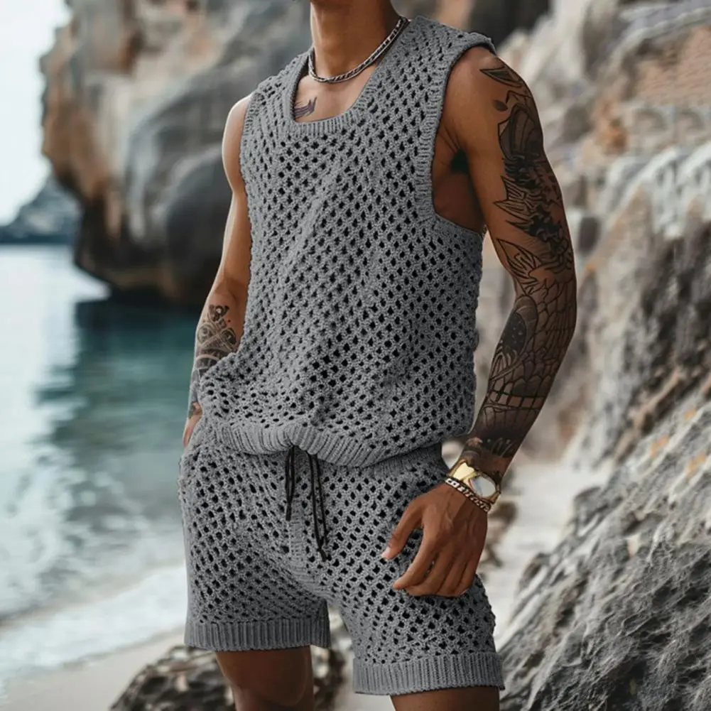 Camisa masculina de malha de manga curta de peito único, blusa casual sem mangas, conjunto de shorts com cordão, roupa elegante com gola redonda para diário