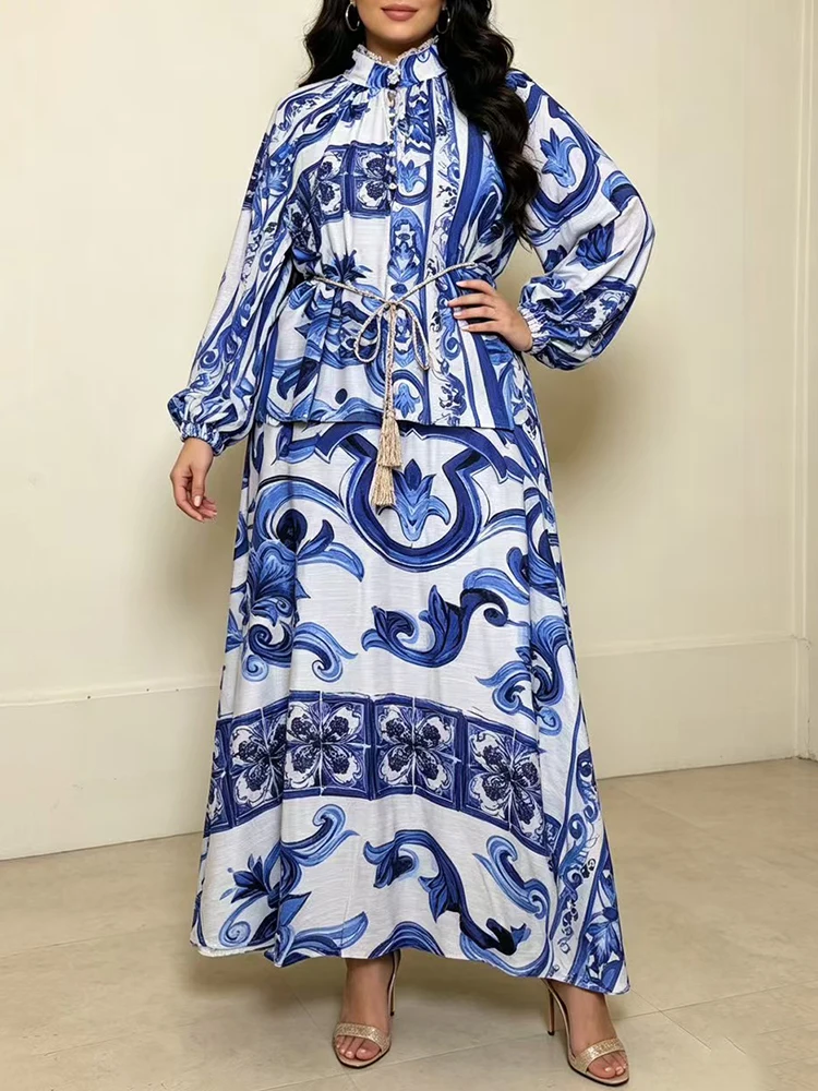Design Retro Geometric Print Stand Collar Tie Waist Shirt Two-piece Set 2026 Autumn Women's Clothing + Loose Skirt Fashion Suit