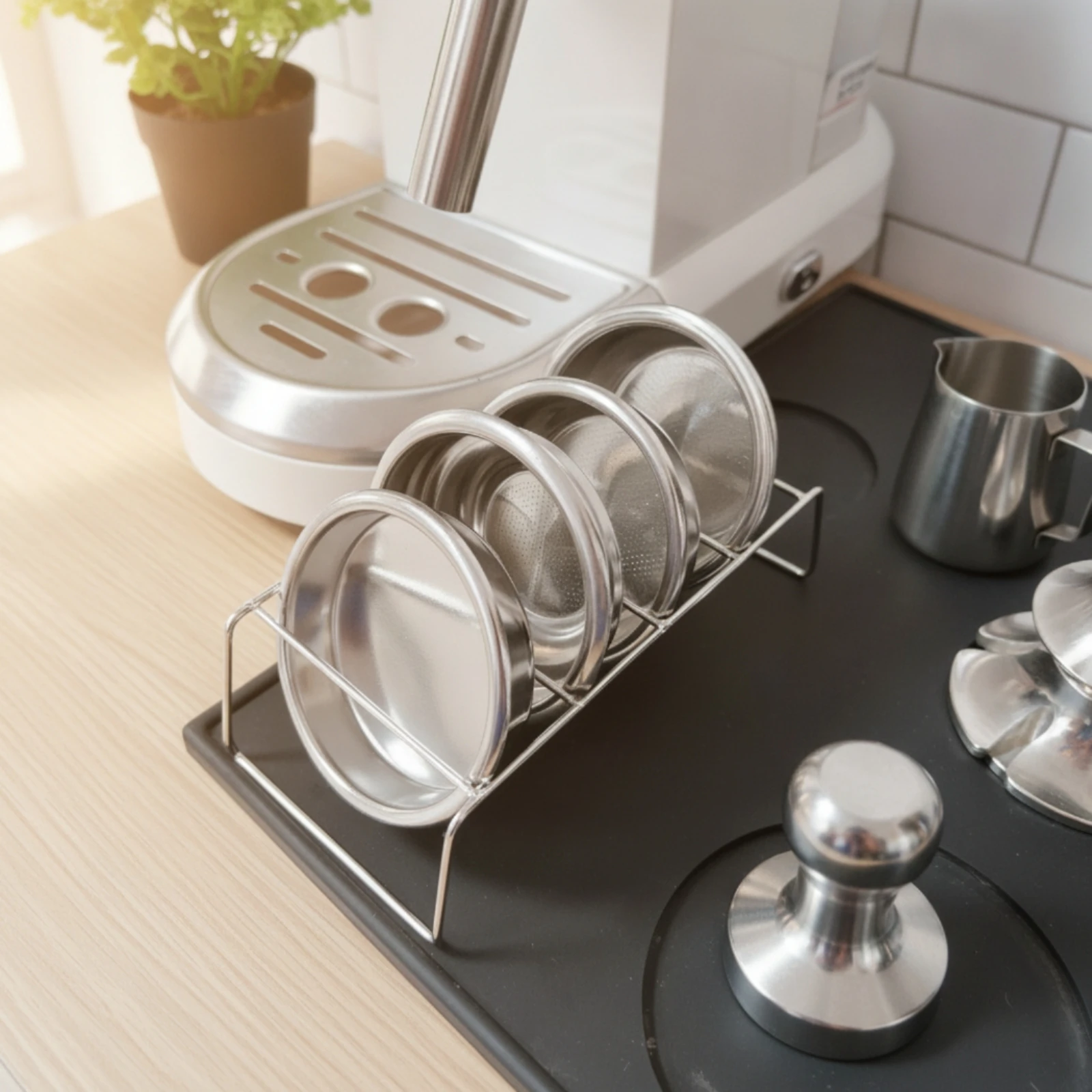 

Portafilter Basket Storage Rack Stainless Steel Espresso Strainer Basket Holder Coffee Dosing Funnel Stand Minimalist Design