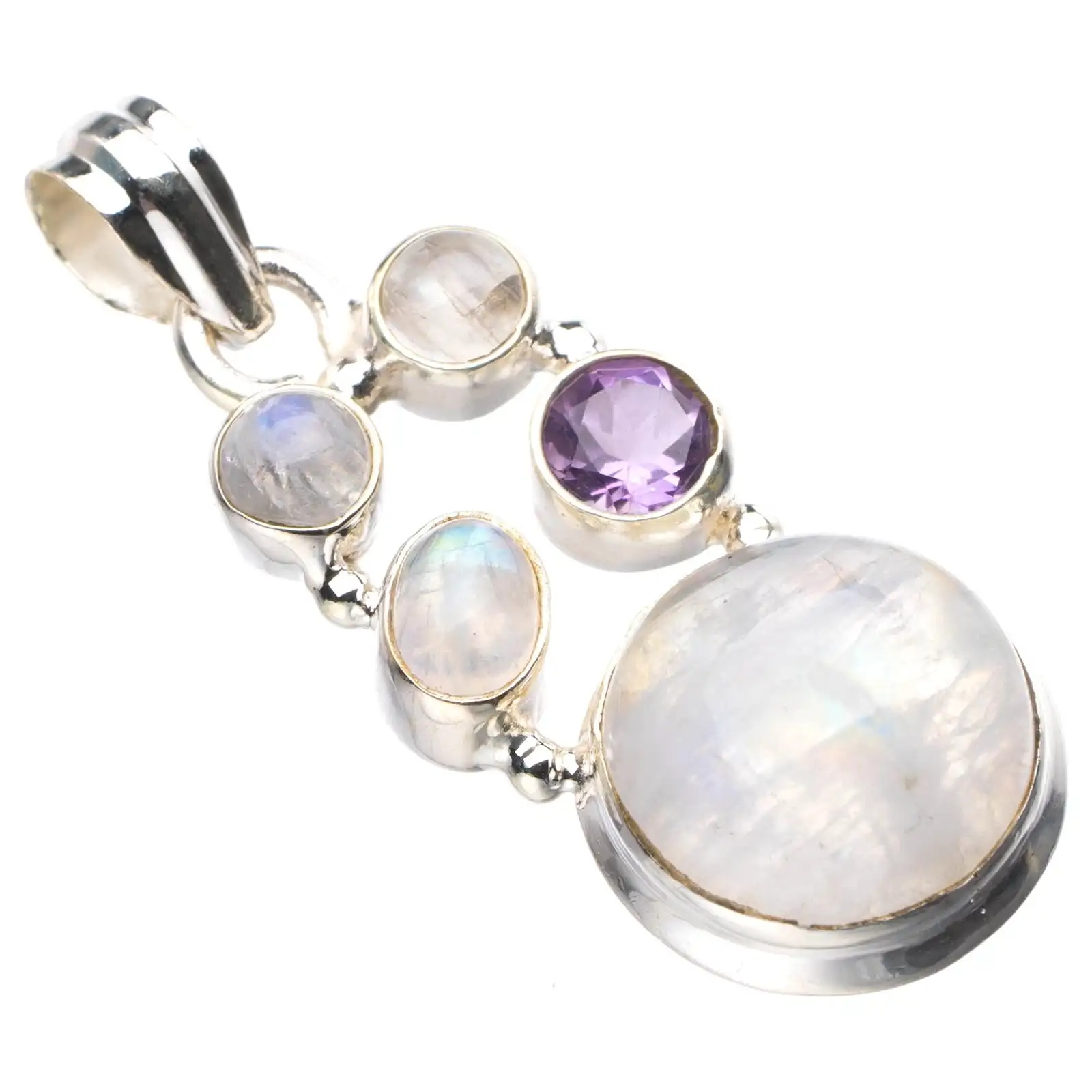 

StarGems Rainbow Moonstone And Amethyst Handmade 925 Sterling Silver Pendant 1.75" D9833