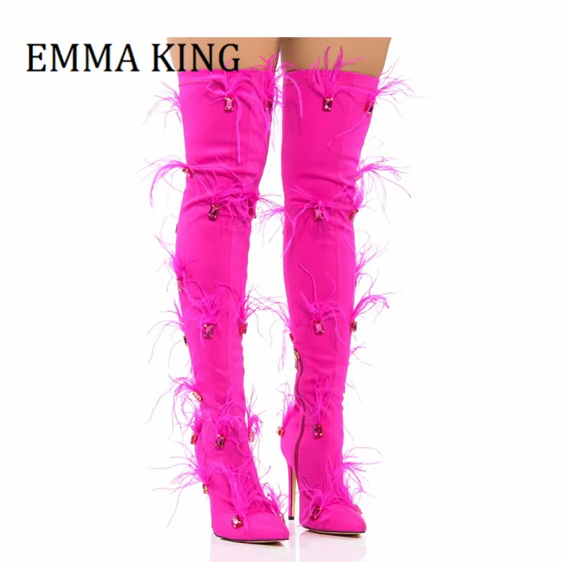 

Women Feather Embellished Pink Boots Pointed Toe Stiletto Heels Thigh High Botas Bling Rhinestone Detail Over The Knee Boots