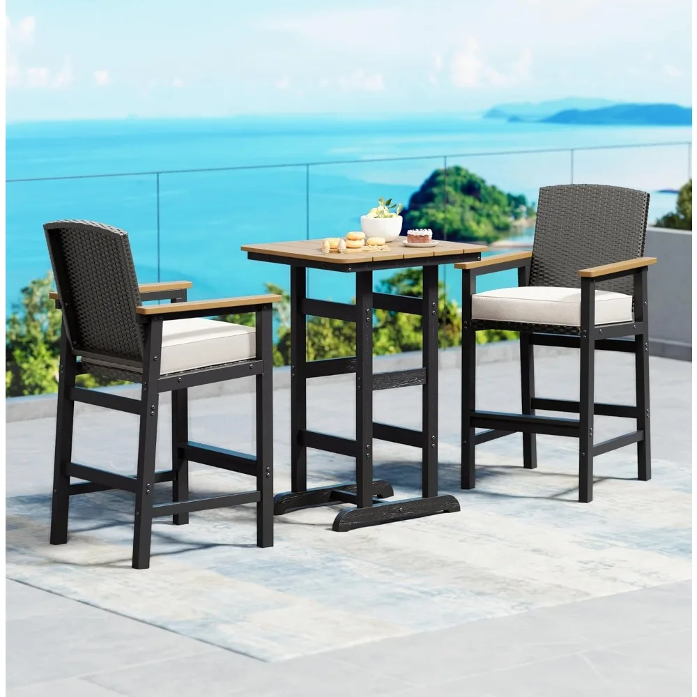 

Outdoor Bar Set 3 Piece, All Weather HDPE High Top Table and Wicker Bar Chairs with 3.2” Cushion, Bar Height Patio Set for Backy
